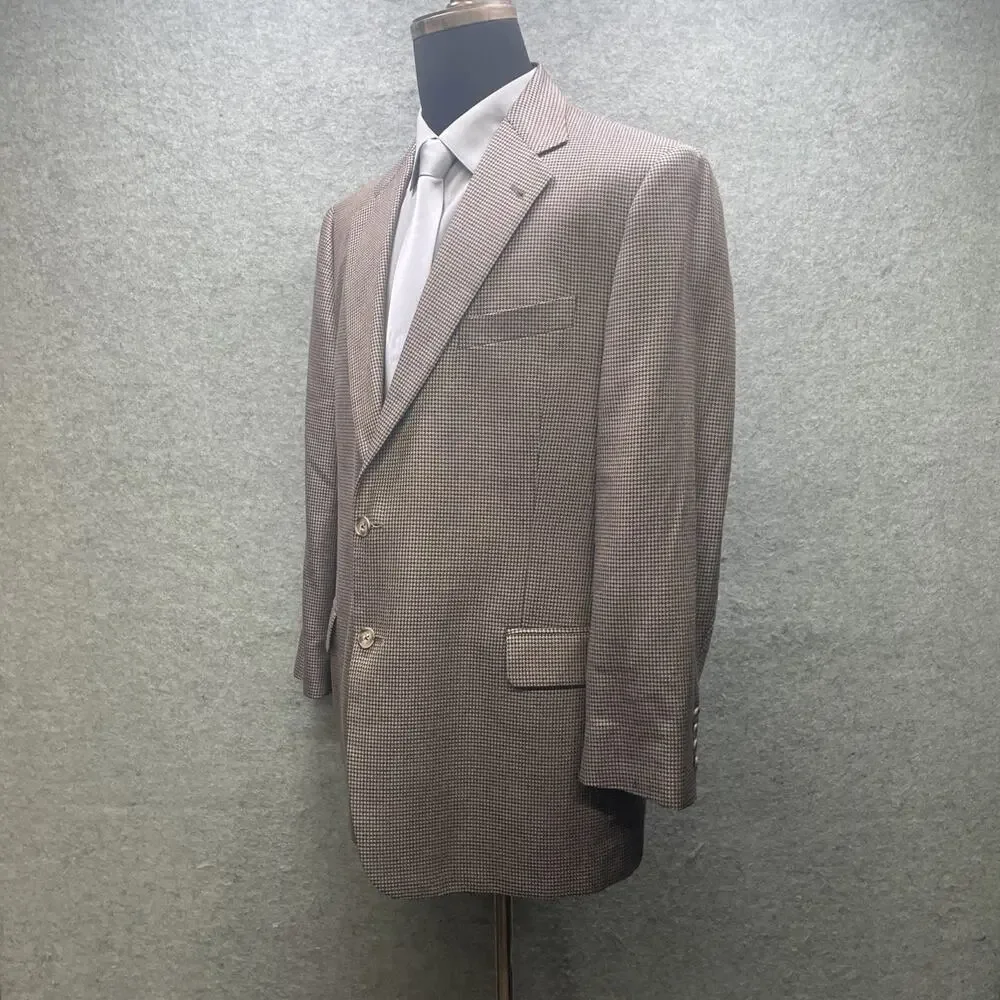 Joseph Abboud Silk Wool Blazer 46R Brown Blue Micro Houndstooth Check Tweed USA